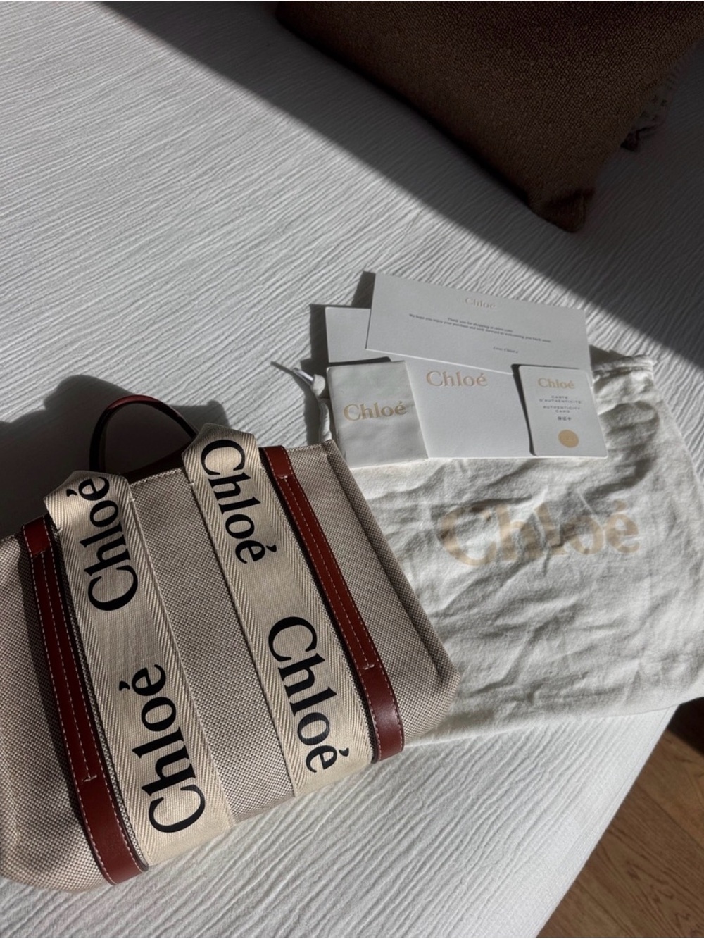Chloé Small Woody Tote Beige Canvas Brown Leather w/ COA, Authentic - Picture 3 of 12